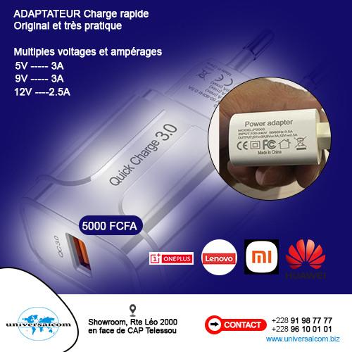 ADAPTATEUR TETE CHARGEUR 5V-3A 9V-3A 12V-2.5A